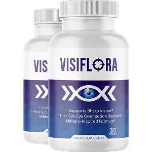 Two bottles of VisiFlora eye health supplement with gut-eye connection support formula