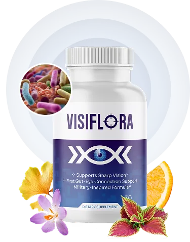 VisiFlora vision support supplement bottle with natural gut-eye formula ingredients